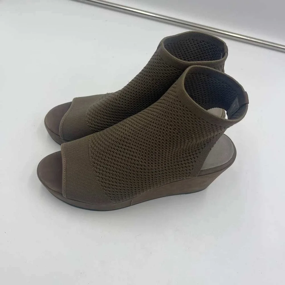 Eileen Fisher‎ Womens Olive Brown Stretch Knit Open Toe Wedge Sandals Size 8.5